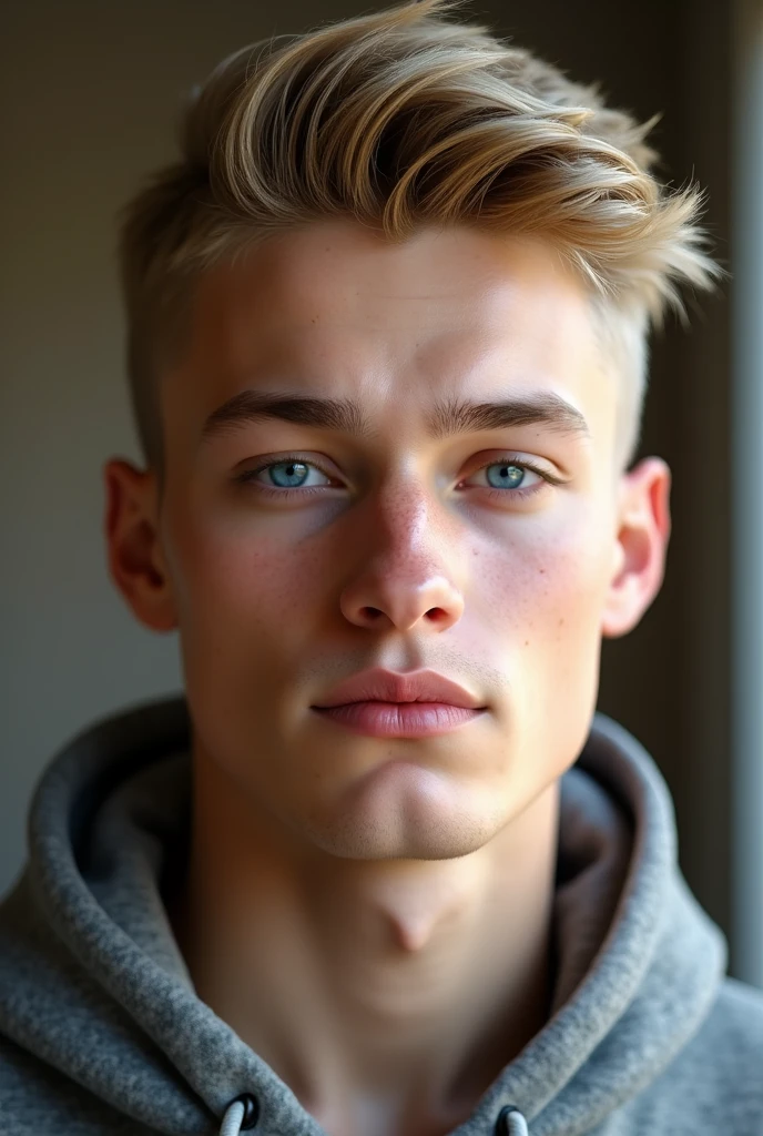 physically-based rendering, extreme detail description, blond man, neat hair, ((short hair)), beautiful detailed eyes, handsome detailed lips, caucasian man, natural lighting, stylish haircut, well-groomed appearance, blue eyes, german, (((no facial hair))), (((grey hoodie))), quality, ((Highschool student)), ((narrow nose)), ((blond))
