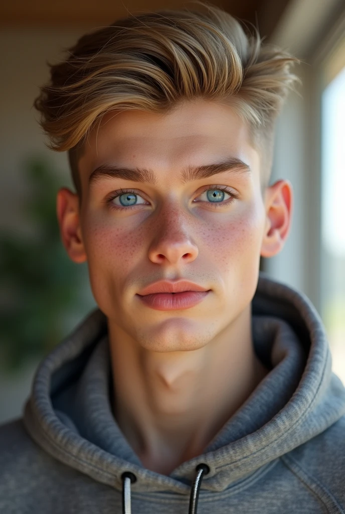 physically-based rendering, extreme detail description, blond man, neat hair, ((short hair)), beautiful detailed eyes, handsome detailed lips, caucasian man, natural lighting, stylish haircut, well-groomed appearance, blue eyes, german, (((no facial hair))), (((grey hoodie))), quality, (()), ((narrow nose)), ((blond))