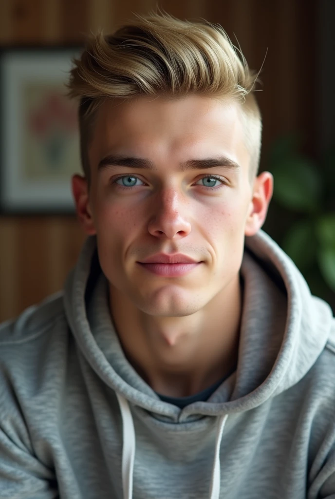 physically-based rendering, extreme detail description, blond man, neat hair, ((short hair)), beautiful detailed eyes, handsome detailed lips, caucasian man, natural lighting, stylish haircut, well-groomed appearance, blue eyes, german, (((no facial hair))), (((grey hoodie))), quality, ((Highschool student)), ((narrow nose)), ((blond))