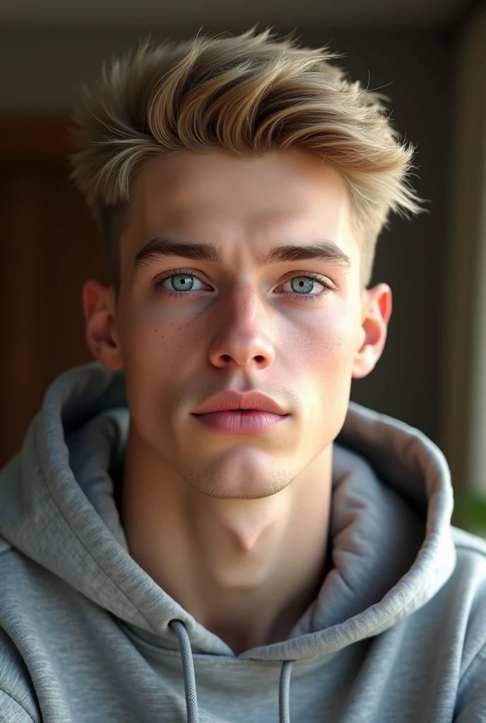 physically-based rendering, extreme detail description, blond man, neat hair, ((short hair)), beautiful detailed eyes, handsome detailed lips, caucasian man, natural lighting, stylish haircut, well-groomed appearance, blue eyes, german, (((no facial hair))), (((grey hoodie))), quality, ((Highschool student)), ((narrow nose)), ((blond))
