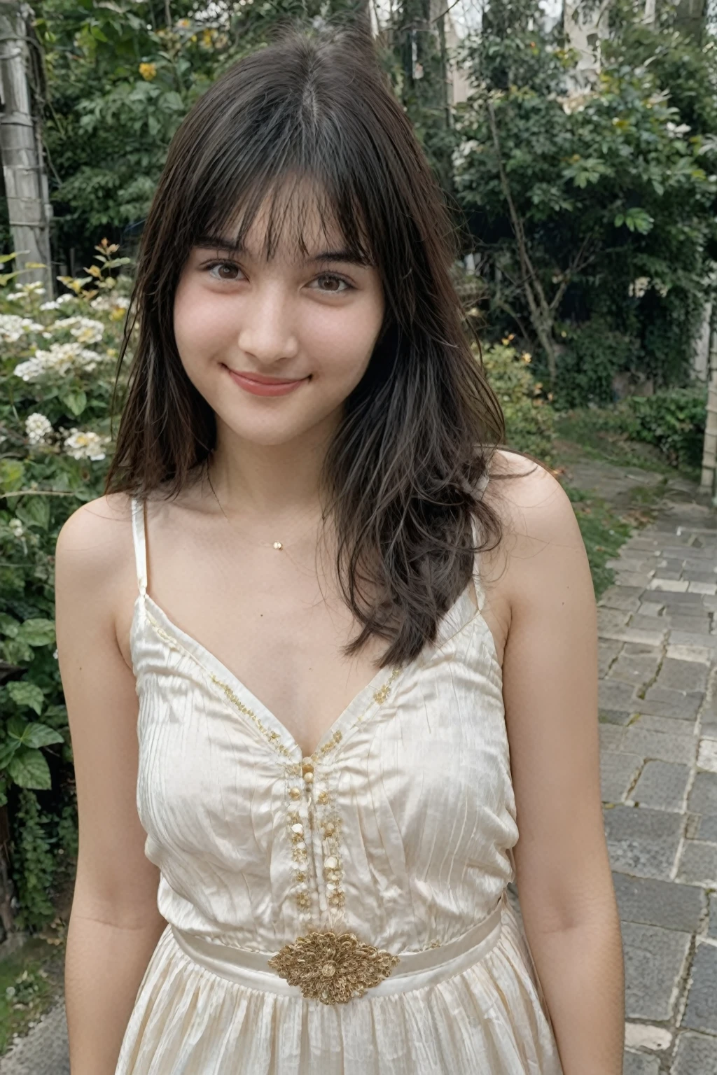 A high-resolution, wide angle shot, 4K portrait of a beautiful 20-year-old woman with a happy smile, detailed skin, and clear eyes. She has long, messy black hair with bangs and dark brown eyes with slight dark circles, looking at viewer. The image features natural, soft lighting with a low contrast and film grain effect. she has perfect shaped medium breast. Cleavage. She is dressed in **White and Gold Pleated Mini Dress**
- **Description**: A white pleated mini dress with a fitted bodice and a sweetheart neckline, featuring gold trim along the neckline and straps. The pleats add volume and movement to the skirt, giving it a playful yet elegant look.
- **Accessories**: Gold sandals, a gold waist chain, a simple gold headband, and pearl stud earrings. Pair with a gold cuff bracelet and a matching clutch for a complete ensemble, sitting in ancient greek outdoors. The composition emphasizes ultra-detail, sharp focus, and vivid colors, with HDR and UHD quality, capturing a whimsical and dreamy aesthetic with a bokeh background. Looking at viewer