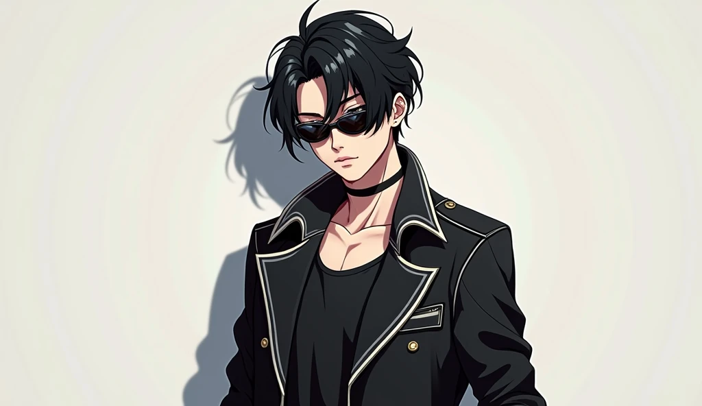 Generate a images of anime 18 years boy charector with stylish hair of black colour and wearing fancy jacket and sunglasses of other than black colour looking straight and standing