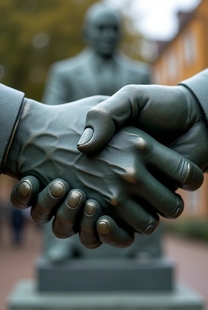 A sketch image of a statue of two hands clasping each other firmly in a handshake. Make it clear its a statue