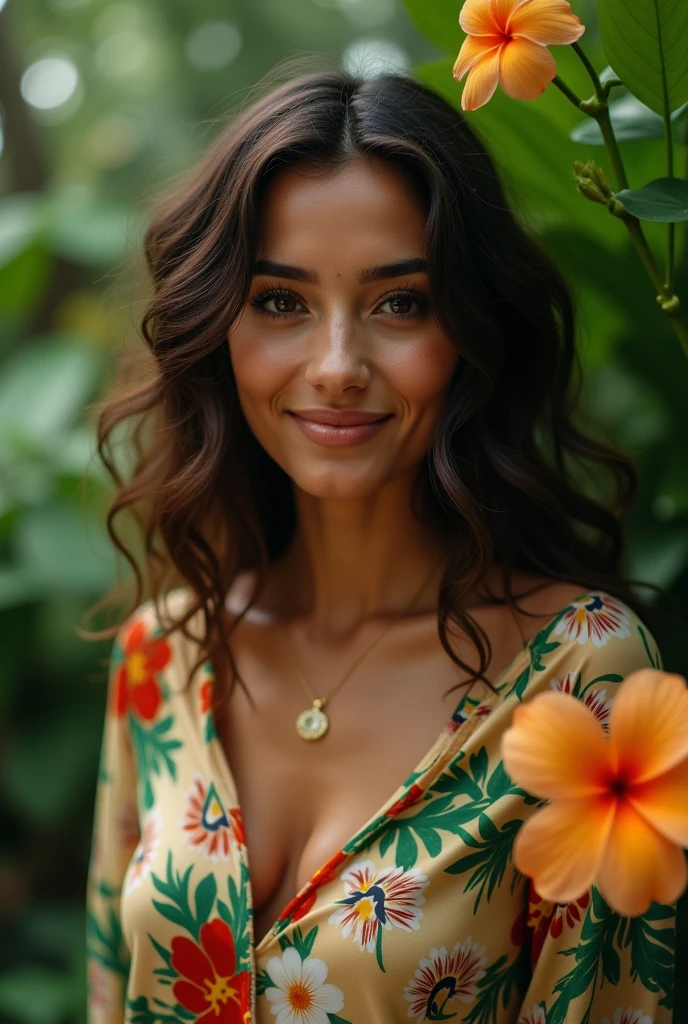 A Brazilian woman in a lush tropical garden, wearing an open shirt with a floral print, with a close-up capturing the harmonious beauty between her breasts and the natural flowers, showing off your natural charm and outgoing personality.