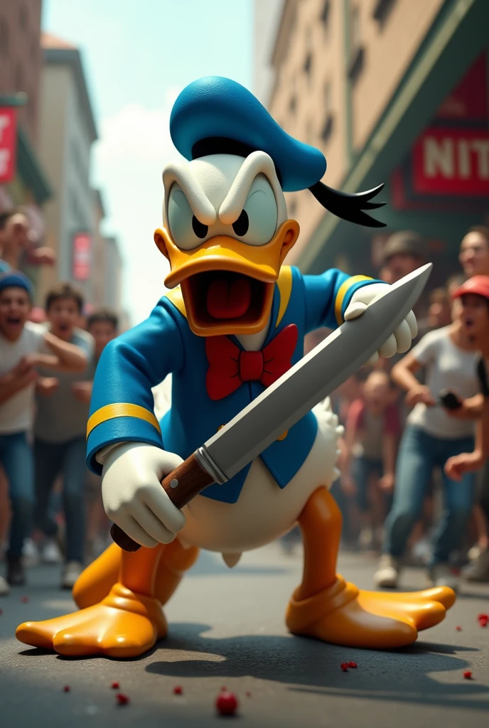 Donald duck holding a knife  as he chases the frightened people 