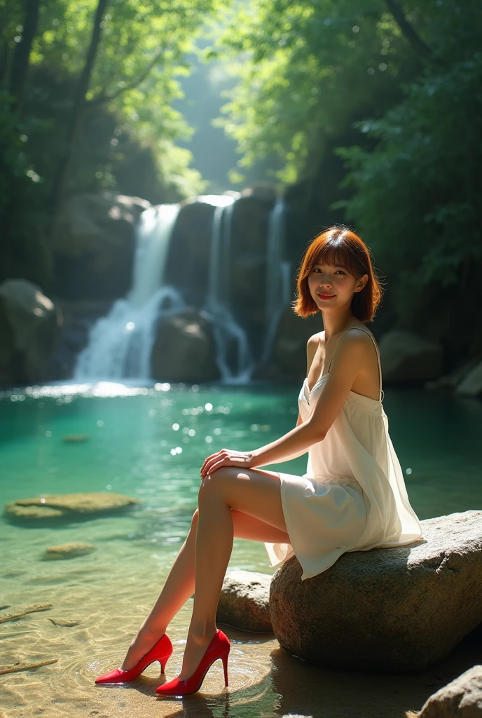 Photorealistic full-body portrait of a fabulous, film grain, Highest quality, Ultra-high resolution, Japanese woman, 25years old, Height: 165 cm, slim, big smile, full body,long face, A small river with crystal-clear water flowing, where a white camisole wearing woman in red heels is sitting on a rock by the shore with her feet in the water. A cute Japanese girl with chestnut-colored short hair. Upstream, there is a small waterfall. The location is covered with trees that almost block out the sunlight. The overall scene is dimly lit, but sunlight shines through the gaps in the trees, illuminating the girl.
