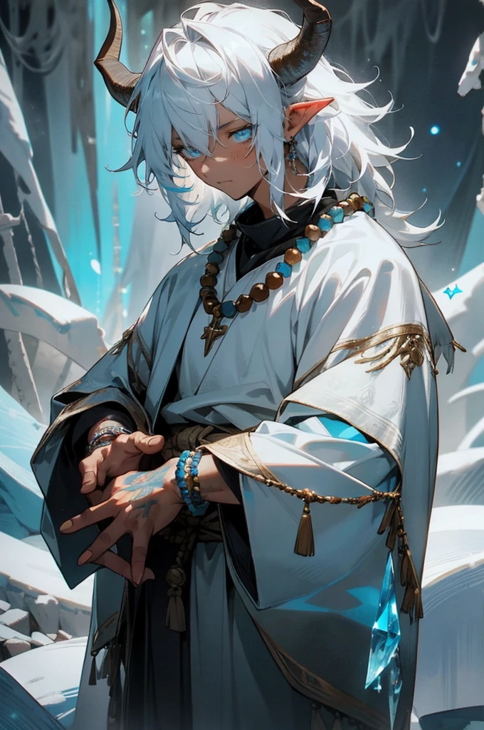 1male, mature, tan skin, tundra, cold, cool tones, surrounded by ice, ice cave, ice cavern, snow, finely detailed glowing blue eyes, ((detailed hands)), nice hands, medium messy hair, white hair color, prayer bead necklace, prayer bead bracelet, standing with hands in pocket, night, somber expression, ((detailed eyes)), ((horns)), red tattoos on chest
