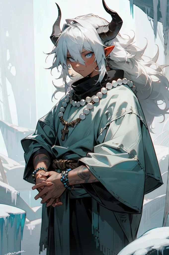 1male, , tan skin, tundra, cold, cool tones, surrounded by ice, ice cave, ice cavern, snow, finely detailed glowing blue eyes, ((detailed hands)), nice hands, medium messy hair, white hair color, prayer bead necklace, prayer bead bracelet, standing with hands in pocket, night, somber expression, ((detailed eyes)), ((horns)), red tattoos on chest