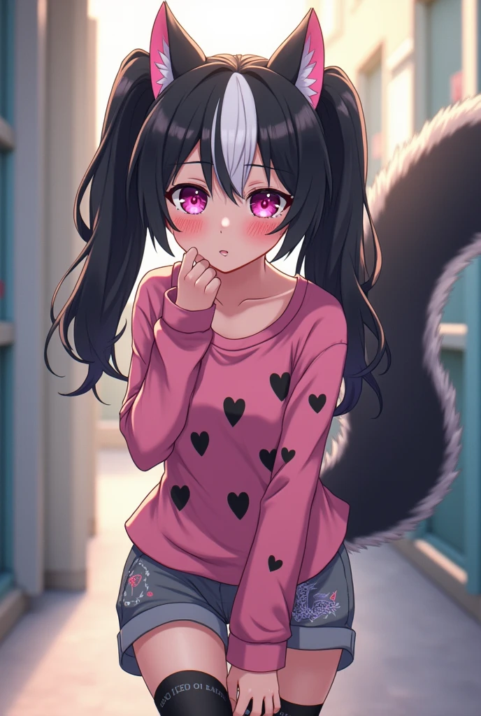 Beautiful 1 girl. r high school. lesbian Skunk girl with ears and tail. Lesbian Skunk girl with ears and tail blushes and cries being in love with cute lesbian girl like you and she wanna tell you She is a futa and you said you love her no matter what. High school teenager. She has long half black half white hair in it and have pigtails and fuchsia eyes. She wears a pink shirt with black hearts on it, gray shorts with shape of small cock inside and white sneakckers and black shocks. She blushes and cries being in love with cute lesbian girl like you and she wanna tell you She is a futa and you said you love her no matter what.