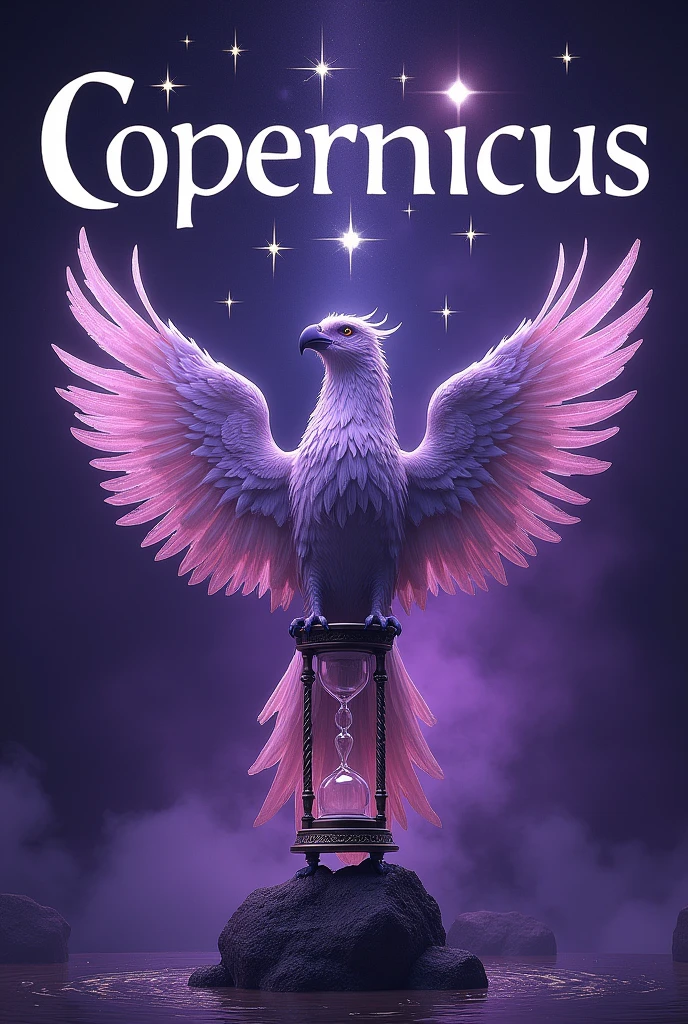 Purple background with a drawn phoenix holding an hourglass, written in white with a black outline on top "Copernicus" in larger size with stars, unrealistic.