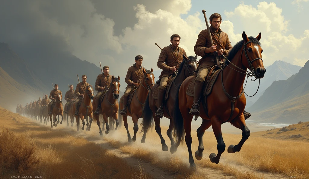 Some young men are going to war on horseback