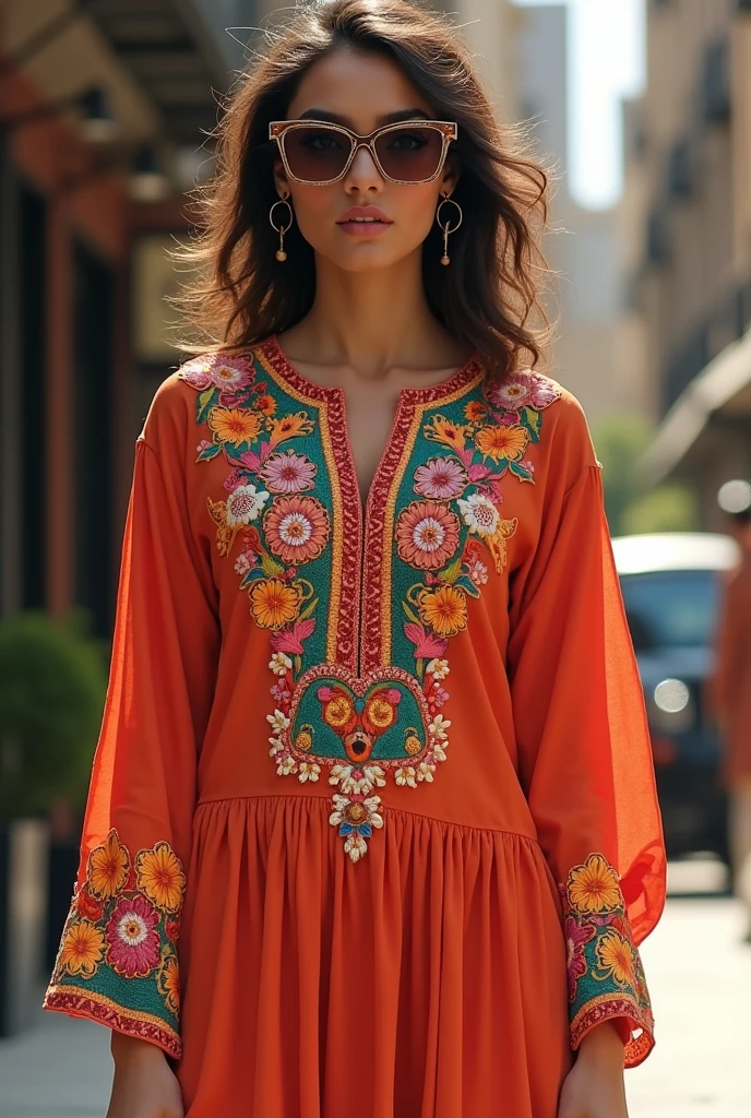 The model is wearing kurta pajma and sunglasses  
