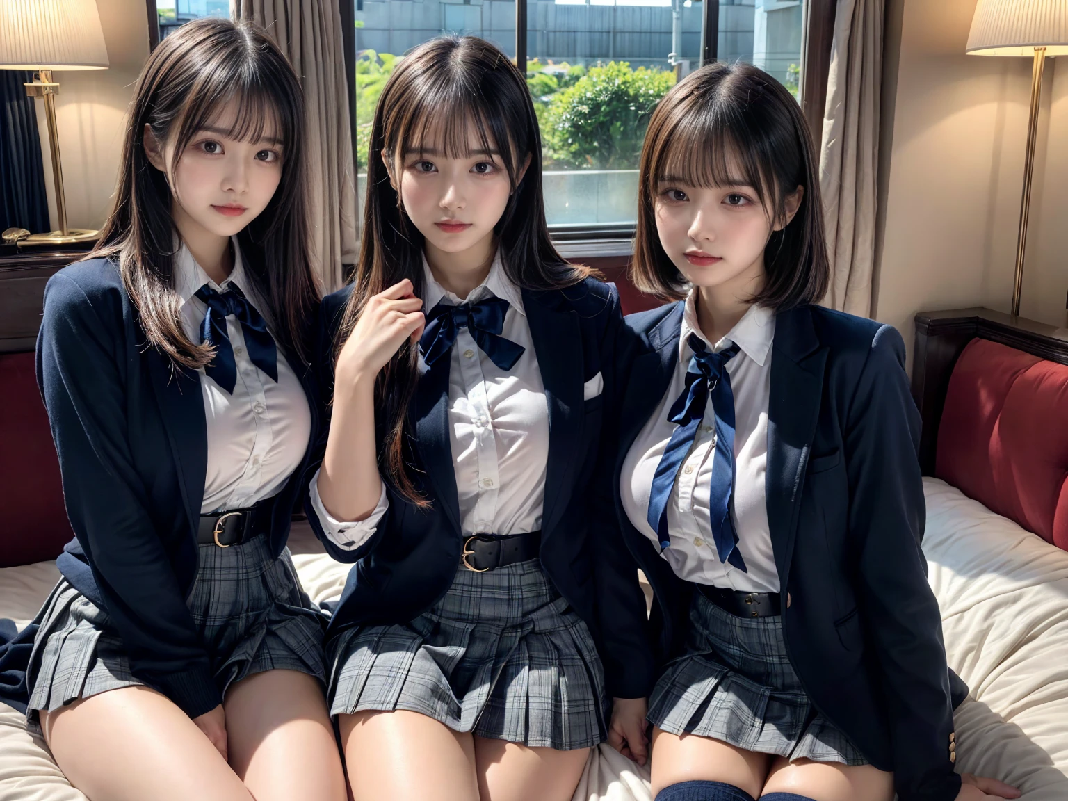 (8K, Raw photography, top-quality, masterpiece:1.2), master piece, best quality, illustration, Super detailed, fine details, High resolution, 8K,wall paper, perfect dynamic composition,(Details High quality, realistic depiction of eyes:1.3), ((2 girls, 2 schoolgirls)), The background is a luxury hotel room、High school girl uniform、blazer 、Super Short Check Uniform Skirt、Navy blue high socks、garterbelts、Colossal tits、Disturbed uniform, Play with each other,Touching each other's bodies,Touching the body of the girl next door, short bob hair, black hair color, huge breasts, Big Natural Color Lip, bold sexy pose, (perfect body shape), crying a little、cold gaze, Beautiful makeup,glitter makeup,Cutest 1, beautiful legs, hposing Gravure Idol, Voluptuous thighs