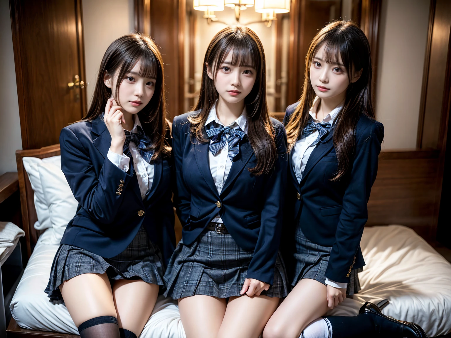 (8K, Raw photography, top-quality, ​masterpiece:1.2), master piece, best quality, illustration, Super detailed, fine details, High resolution, 8K,wall paper, perfect dynamic composition,(Details High quality, realistic depiction of eyes:1.3), ((2 girls, 2 schoolgirls)), The background is a luxury hotel room、High school girl uniform、blazer 、Super Short Check Uniform Skirt、Navy blue high socks、garterbelts、Colossal tits、Disturbed uniform, Play with each other,Touching each other's bodies,Touching the body of the girl next door, short bob hair, black hair color, huge breasts, Big Natural Color Lip, bold sexy pose, (perfect body shape), crying a little、cold gaze,  Beautiful makeup,glitter makeup,Cutest 1, beautiful legs, hposing Gravure Idol, Voluptuous thighs