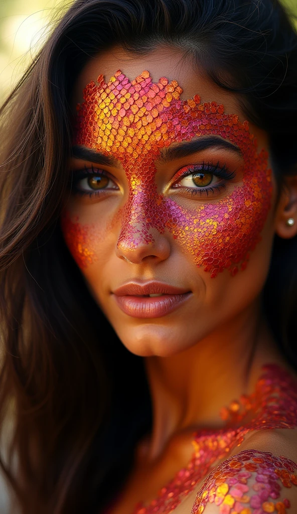 A Spanish woman with dragon-like features, her skin adorned with vibrant, crimson and gold scales that reflect the colors of a fiery sunset over the Mediterranean. Her eyes are almond-shaped and a glowing amber, radiating warmth and passion. Her facial features are strong and elegant, with high cheekbones and a defined jawline, embodying the fierce yet graceful spirit of Spain. Her dark hair flows like a river of night, interwoven with small, scale-like patterns, hinting at her mystical nature.