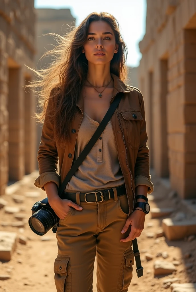 a beautiful adventurous archaeologist girl, realistic photography, girl resembling Margot Robbie, detailed face and eyes, long eyelashes, brown hair, adventurous expression, exploring ruins, holding camera, warm lighting, brown leather jacket, khaki cargo pants, high quality, 8k, photorealistic, professional photography, natural colors, cinematic lighting