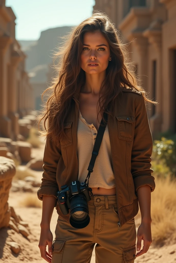a beautiful adventurous archaeologist girl, realistic photography, girl resembling Margot Robbie, detailed face and eyes, long eyelashes, brown hair, adventurous expression, exploring ruins, holding camera, warm lighting, brown leather jacket, khaki cargo pants, high quality, 8k, photorealistic, professional photography, natural colors, cinematic lighting