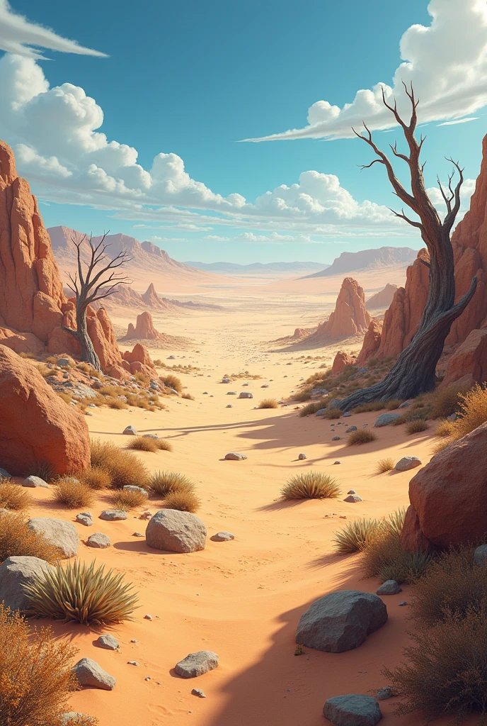 creat a desert enviroment with top view add stones dead trees and other desert plants