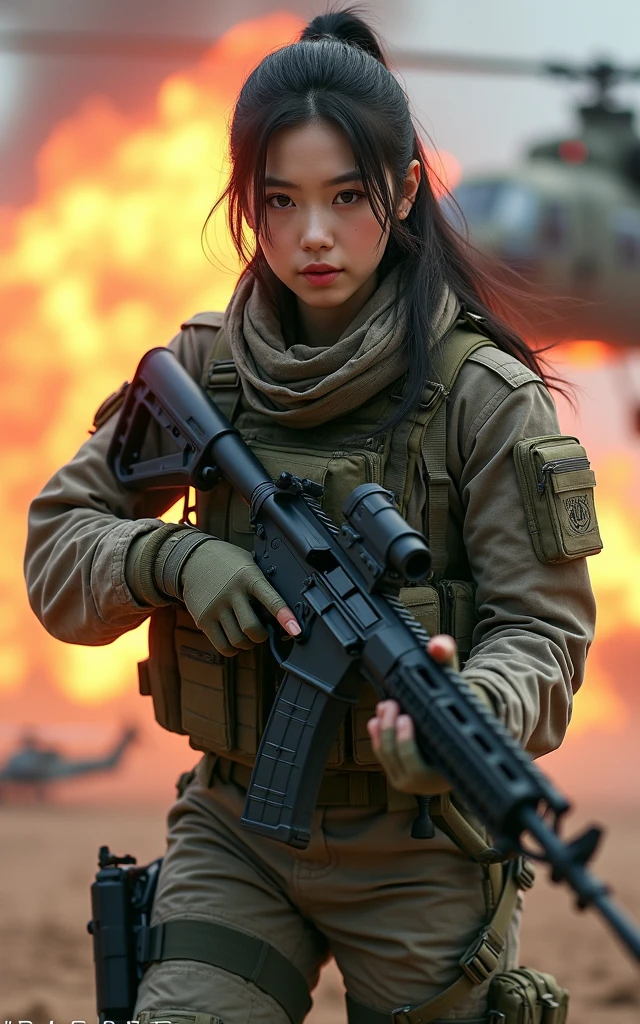 Photo-real, Ultra-realistic, (1 Korean female soldier，Super beautiful face, Super white face), (fully armed，Ready to fight:1.5), The large assault rifle on her back, (Wearing Army paratrooper camouflage uniform，Wearing a military helmet:1.5), Large breasts, (Tactical Vest, Military wiring harness:1.3), (Military boots:1), (Stunning aerial view of a military cargo plane crashing after being hit by a missile:1.5), Special Forces，Guns in both hands，Lead the team to carry out tasks together, advance，Spectacular, Helicopter Fighter (sludgy, Damaged clothes, ),