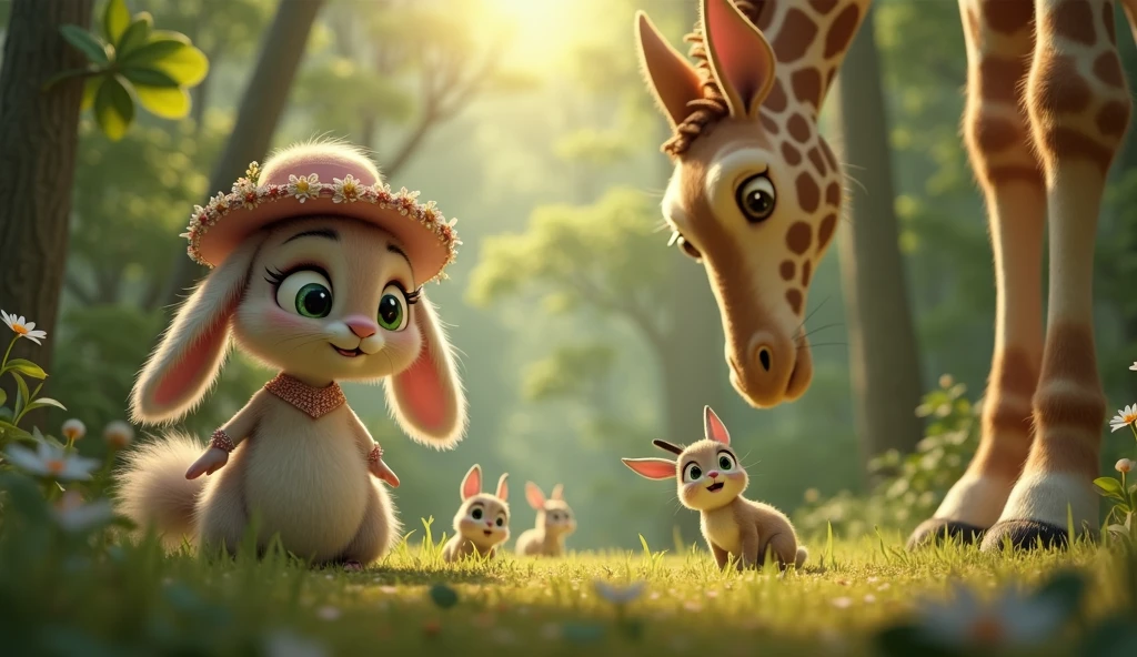 Mimi the rabbit is wearing a hat、I&#39;ve grown taller and can see all the way to the tops of the trees.。
image: Mimi wearing a hat、I grew tall like a giraffe、Forest Trees々Looking down from above。Mimi&#39;s eyes are wide with surprise and joy.。The animals around are also surprised.。