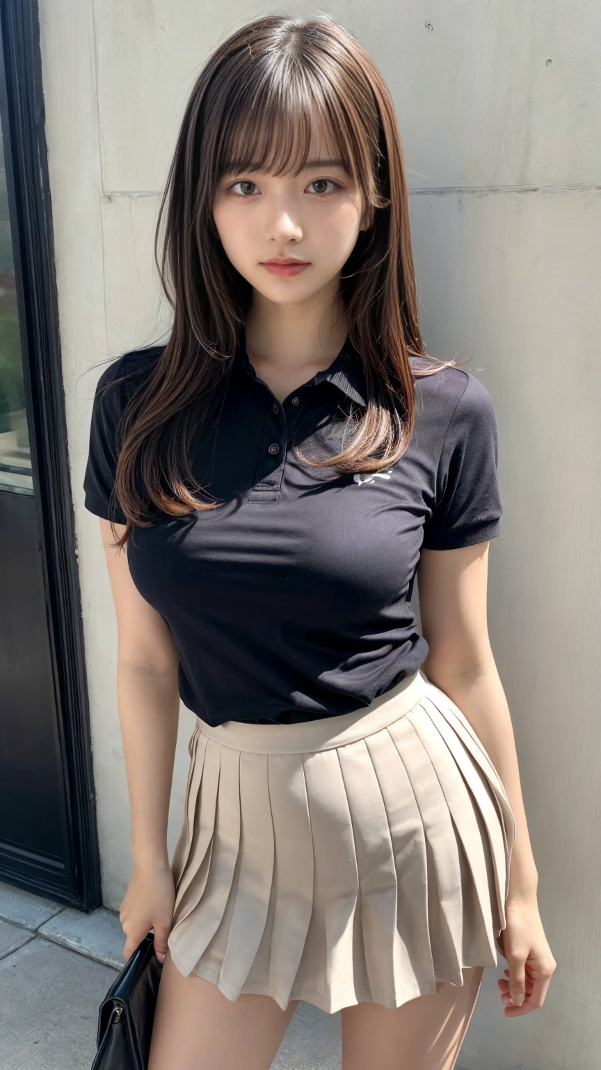 (8K, RAW Photos, Highest quality, masterpiece:1.2), (professional photography, full colors, studio-caliber color grading), (Gravure quality for high-end fashion magazines), close up, BREAK,18 year old girl,(perfect long ponytail:1.1), crying a little, Harajuku style, Big Natural Color Lip, (Plumpy body (smooth skin.1 (huge breasts.2), (expresses the roundness and softness of the chest area..1),  BREAK (Polo shirt with collar), pleated skirt, full body photo、focus on crotch,