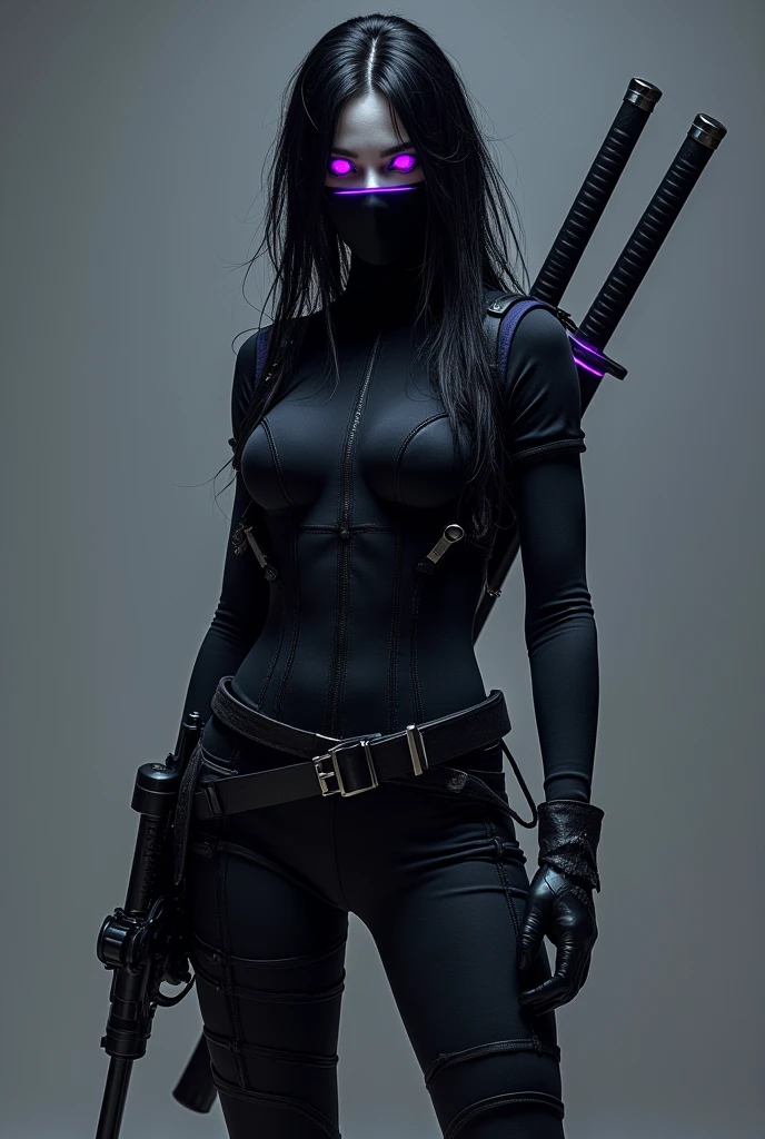 A pretty, 2 woman, She has long, raven black hair, which are often slightly disheveled, which gives her an untamed look. Her eyes shine in an intense violet, that glows slightly in the dark, and her skin is alabaster white, which gives her an almost ghostly appearance. The costume is mainly in deep black, interspersed with violet accents, that reflect their eye color. It consists of a skin-tight suit, which makes her agile and fast and black riding boots. She wears half a mask, which covers the upper half of her face, her eyes shining through a thin violet layer. has crossed holders for her two katanas on her back. Your firearms (The gun) are attached to their thighs, so that she can access it in a flash in battle. FULL BODY shot.