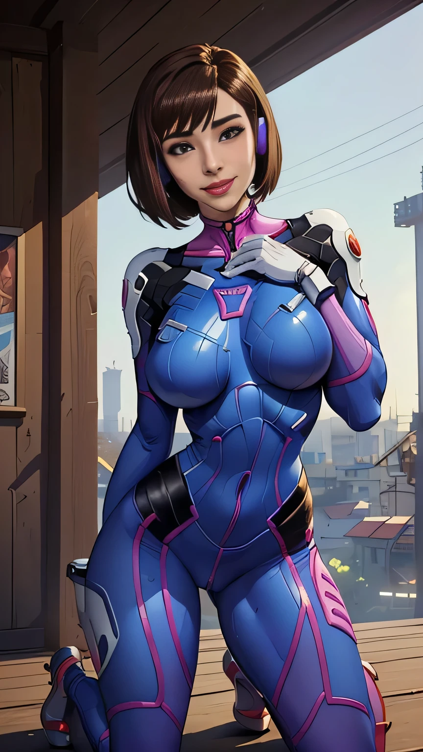 photo of mlp Meowko, RAW, beautiful woman, ((portrait)), ((detailed face:1.2)), ((anime face, anime facial feature, clear skin, glossy anime lips, clear skin), (short lesbian haircut, brunette: 1.55), (perfect proportioned body, Strong, muscular, narrow waist, narrow hips, skinny, massive breasts), (pleased expression, ahegao, orgasm face:1.35), (she is wearing a tight jumpsuit, D.va plug suit, D.va cosplay, Hana Song, unzipping suit, undressing), hands behind Head, arched back, kneeling on platform, splits kneeling, legs open, mecha background, (realistic photo, best quality, detailed), (8k wallpaper), (bright cinematic lighting, lens flares, beautiful light, (noon:1.3)) (sharp focus, intricate)