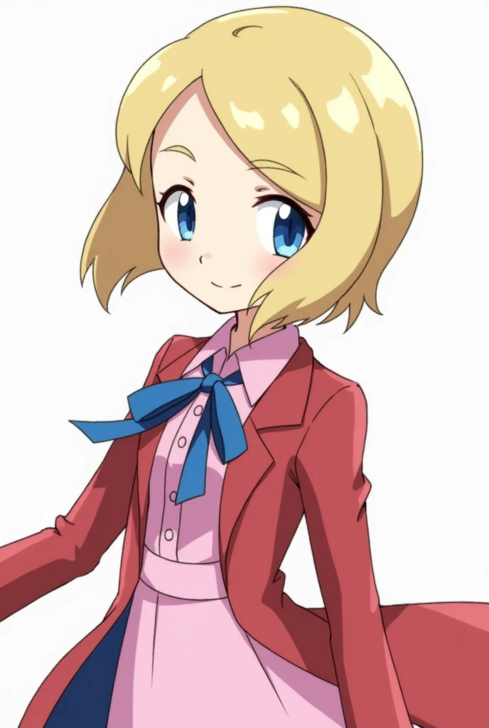 masterpiece, best quality, highres, serena (pokemon), short hair, blue eyes, 1 sexy girl, solo, blue ribbon, eyelashes, neck ribbon, sleeveless, bangs, collarbone, bare arms, pink dress , red coat, white background, front, no scenery, looking at the viewer,upper body, facing viewer, solid color background, clean background, facing the camera, high resolution, expressionless calm face, white back ground, looking away, simple_background