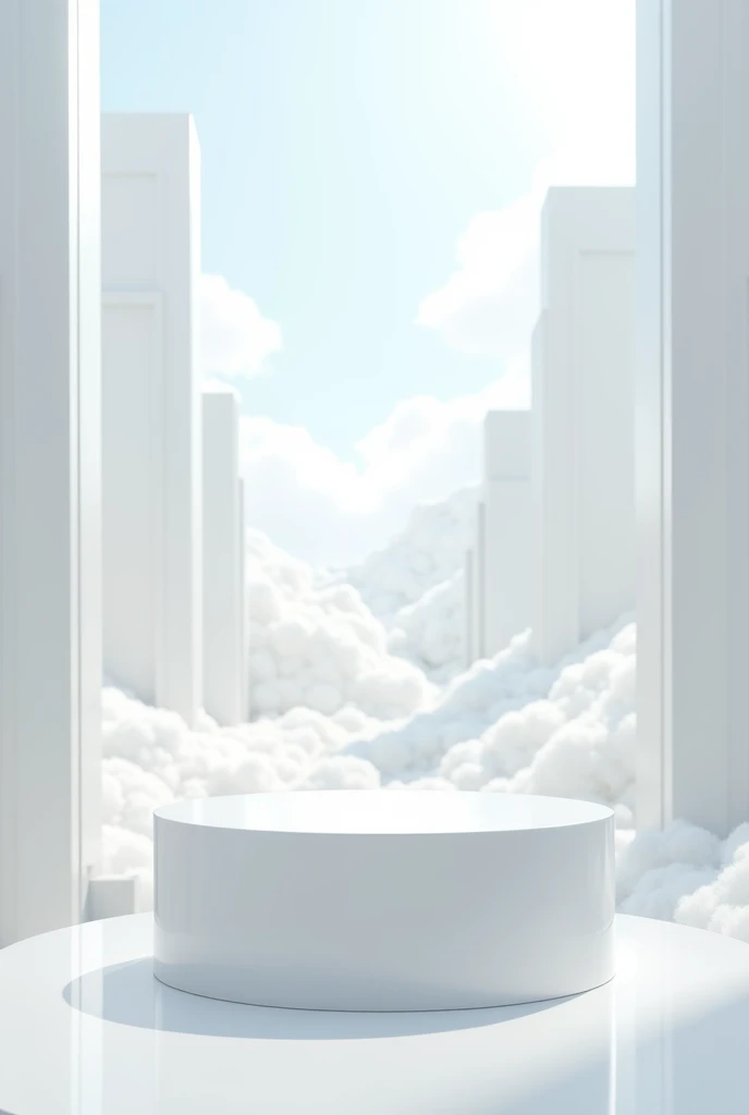 white podium in a white kingdom with white huge marshmallows in the background