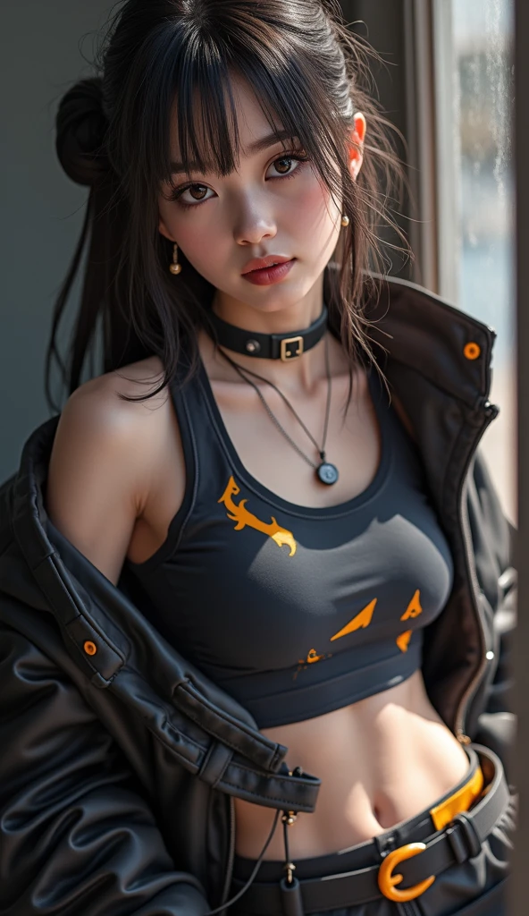 Wearing cyberpunk complex streetwear, beautiful, girl, detailed portrait, 4 K, bright colors, concept art, cinematic dramatic atmosphere, sharp focus, volumetric lighting, cinematic lighting, studio quality