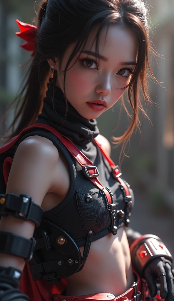 Wearing cyberpunk complex streetwear, beautiful, girl, detailed portrait, 4 K, bright colors, concept art, cinematic dramatic atmosphere, sharp focus, volumetric lighting, cinematic lighting, studio quality