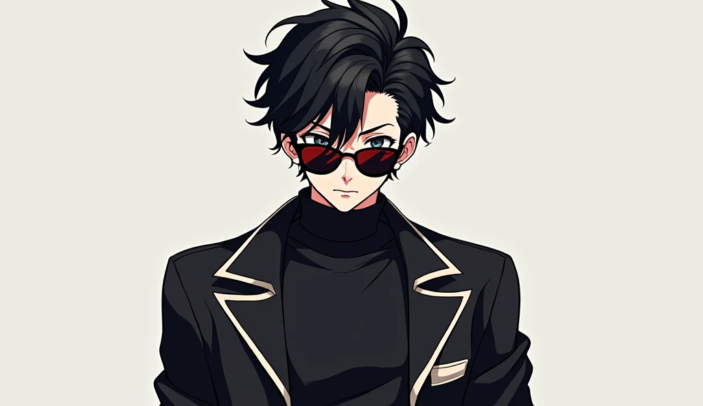 Generate a images of anime 18 years boy charector with stylish hair of black colour and wearing fancy jacket and sunglasses of other than black colour looking straight and standing