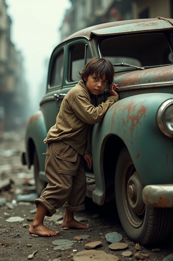 Car clinging with poor boy