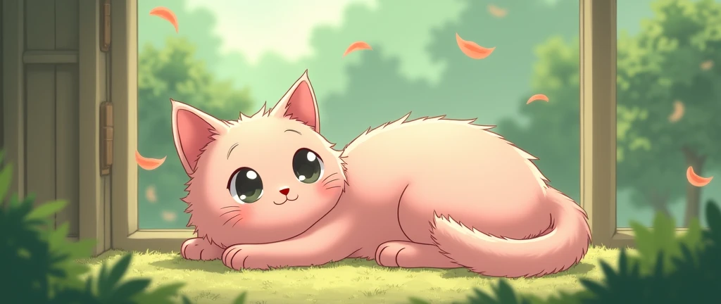 Pink Cat, Cozy Anime,Lofi ,Cute ,Ultrawide ,Ghibli vibes ,Green Color Tones