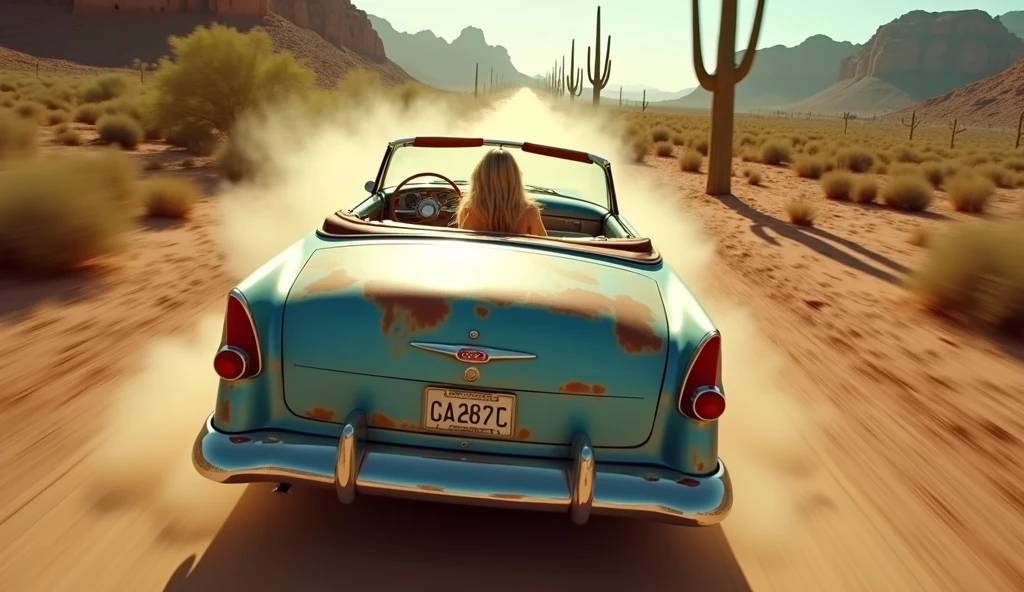 Analog raw pro, very large angle shot,  Tracking drone shot view, over cactus pad in the Sonoran Desert.  A roof-less, convertible, rusty blue Plymouth 57 with long  blonde girl left driver, speeding on a dusty 
road.  Hyper-realistic detail. Harsh sunlight  sun burned Mexican sands, sharp shadows, emphasizing textures. Arid atmosphere evokes ancient Aztec landscapes. photography style. Résolution Haute, Résolution Haute, Qualité Meilleure, Details, Détails fins, Haute qualité, Cheveux Longs, Cheveux Blonds, 