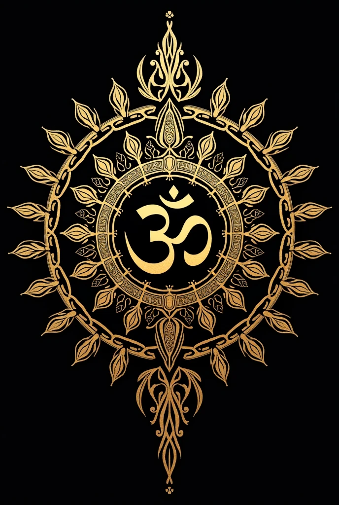 Om symbol with mandala. Round golden Pattern on black background. Hand drawn Ornate Indian pattern decorative vector elements.