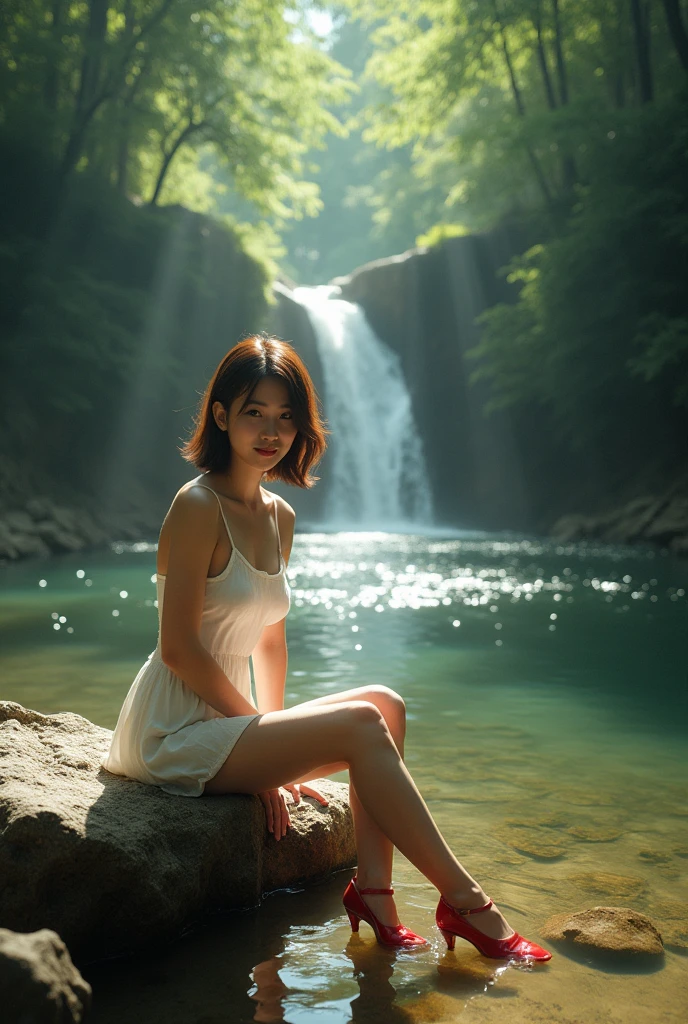 Photorealistic full-body portrait of a fabulous, film grain, Highest quality, Ultra-high resolution, Japanese woman, 25years old, Height: 165 cm, slim, big smile, full body,long face, A small river with crystal-clear water flowing, where a white camisole wearing woman in red heels is sitting on a rock by the shore with her feet in the water. A cute Japanese girl with chestnut-colored short hair. Upstream, there is a small waterfall. The location is covered with trees that almost block out the sunlight. The overall scene is dimly lit, but sunlight shines through the gaps in the trees, illuminating the girl.