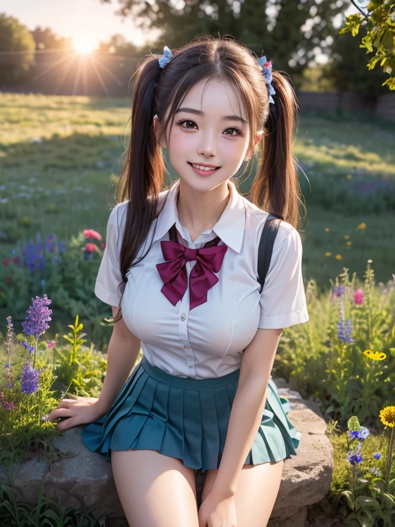 (One Girl), ((Twin tails)), Brown Hair, (Very detailed美しい顔), Great face and eyes, (Highest quality:1.4), (Very detailedな), (Very detailed CG 統合 8k 壁紙), Very detailed, High resolution raw color photos, Professional photography, Realistic portraits, Great face and eyes, Pink Eyes, (High School Uniform, Pleated mini skirt:1.3), ((Open your chest and stand tall)), model, Laugh shyly, Sitting, (((Bokeh))), Written boundary depth, Written boundary depth, ((Pasture, garden)), (Lots of wildflowers:1.5), Twilight, sunset, (View from below:1.2),Big Breasts、Tight blouse