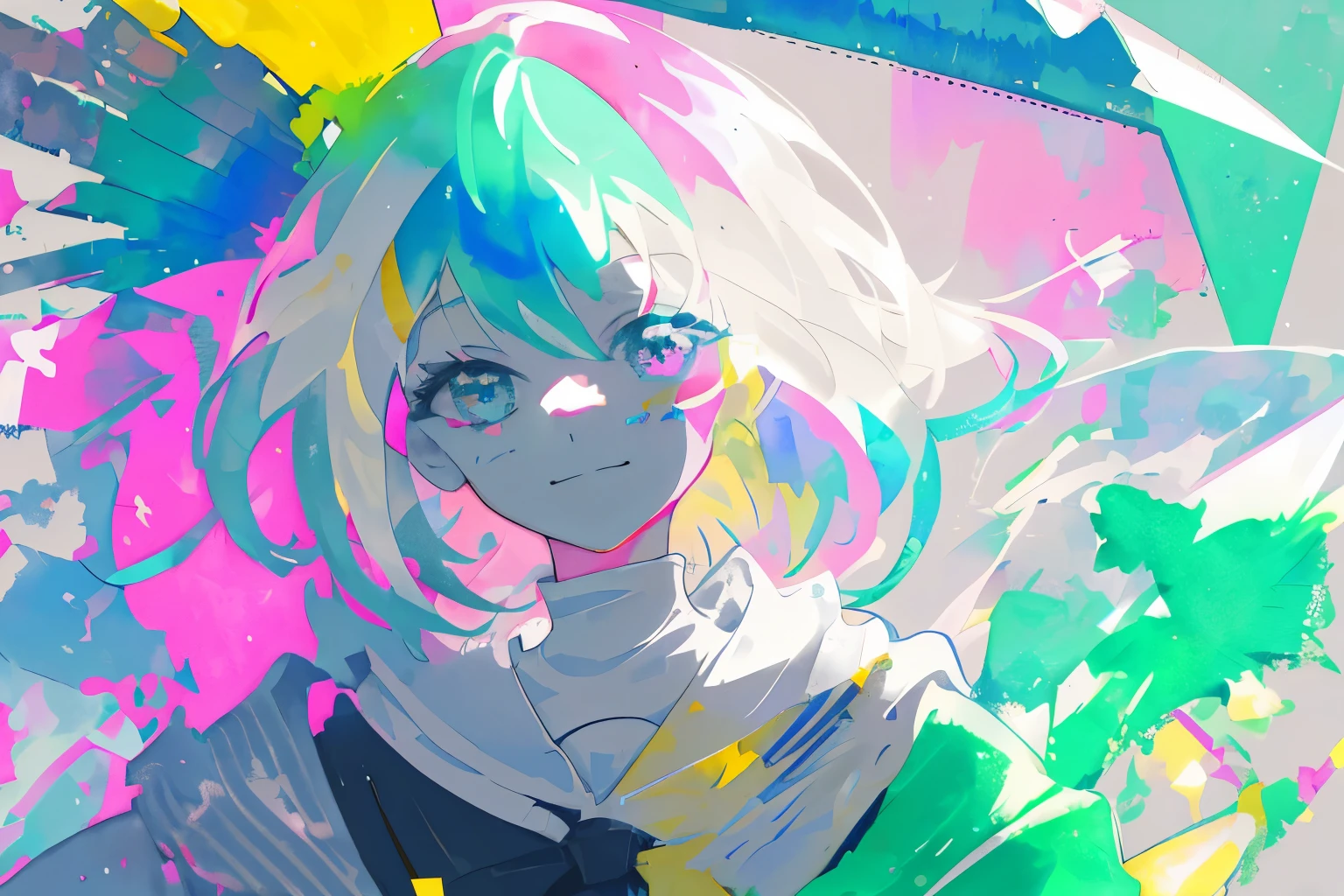 close, watercolor, Vibrant, cake, Bright and shining eyes, big eye, eye, ((Delicate eyes)),  Facial blemishes, contrast, high contrast, Dark Stripes,Gray Hair,smile,
anime girl with a cap and a nask, green messy hair, street background in neon pink and blue colors, stickers, smirk face high resolution, Cat figure,Under the stars,shooting star