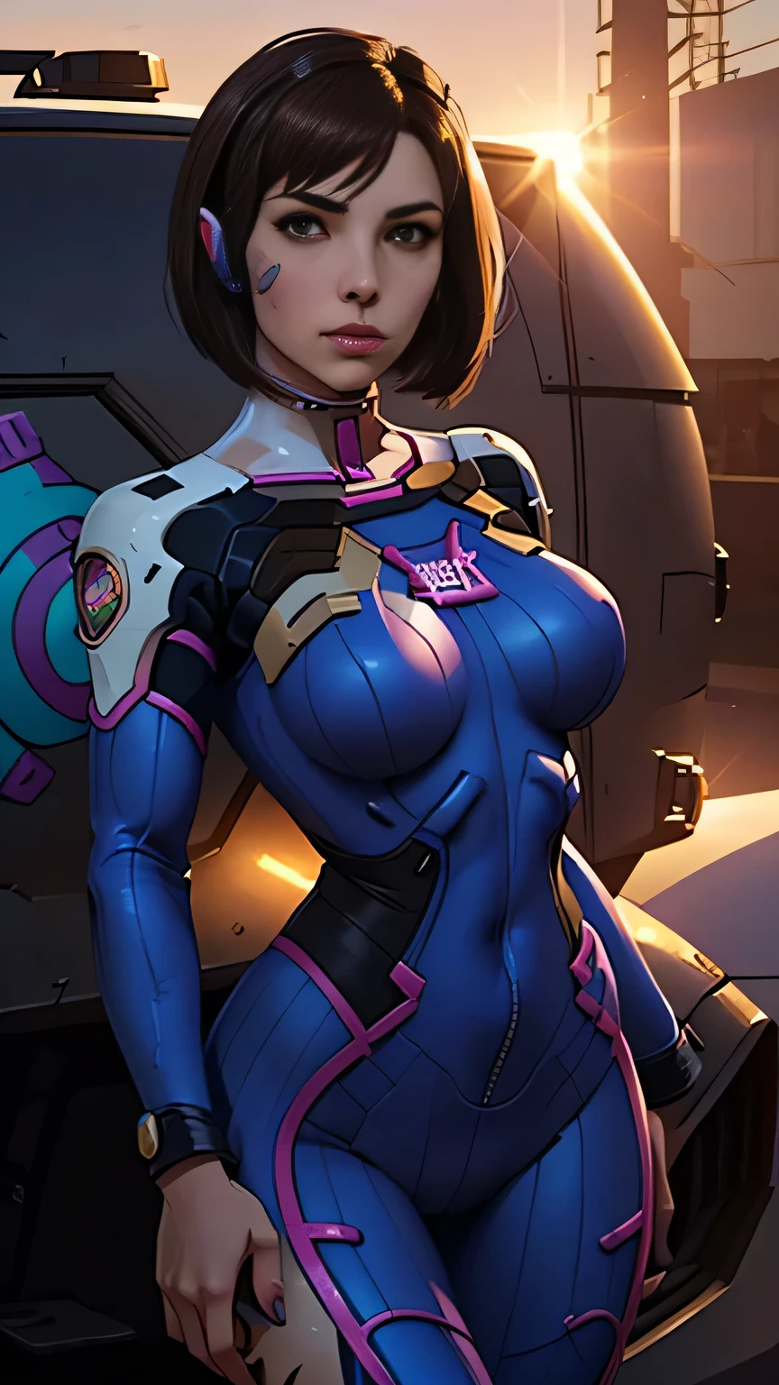 photo of mlp Meowko, RAW, beautiful woman, ((portrait)), ((detailed face:1.2)), ((anime face, anime facial feature, clear skin, glossy anime lips, clear skin), (short lesbian haircut, brunette: 1.55), (perfect proportioned body, Strong, muscular, narrow waist, narrow hips, skinny, massive breasts), (she is wearing a tight jumpsuit, D.va plug suit, D.va cosplay, Hana Song, unzipping suit, undressing), mecha background, (realistic photo, best quality, detailed), (8k wallpaper), (bright cinematic lighting, lens flares, beautiful light, (noon:1.3)) (sharp focus, intricate)