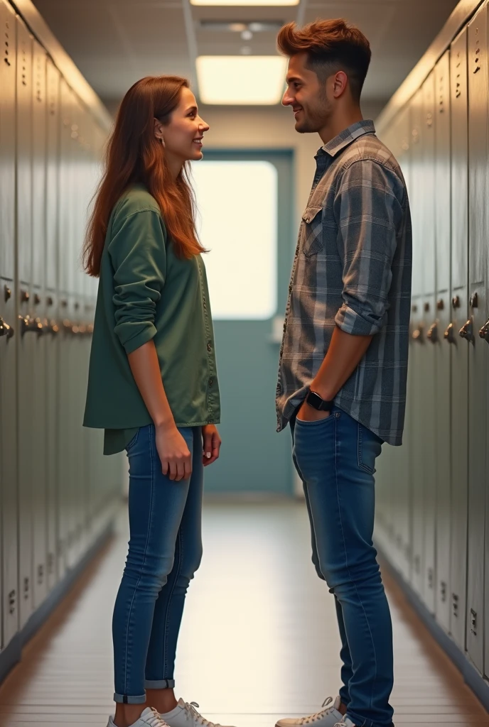 Outside the locker room in the office, a young man meets a young woman who is wearing a gray check shirt, jeans, white shoes and a smart watch. The young woman is wearing a green top, jeans and shoes.