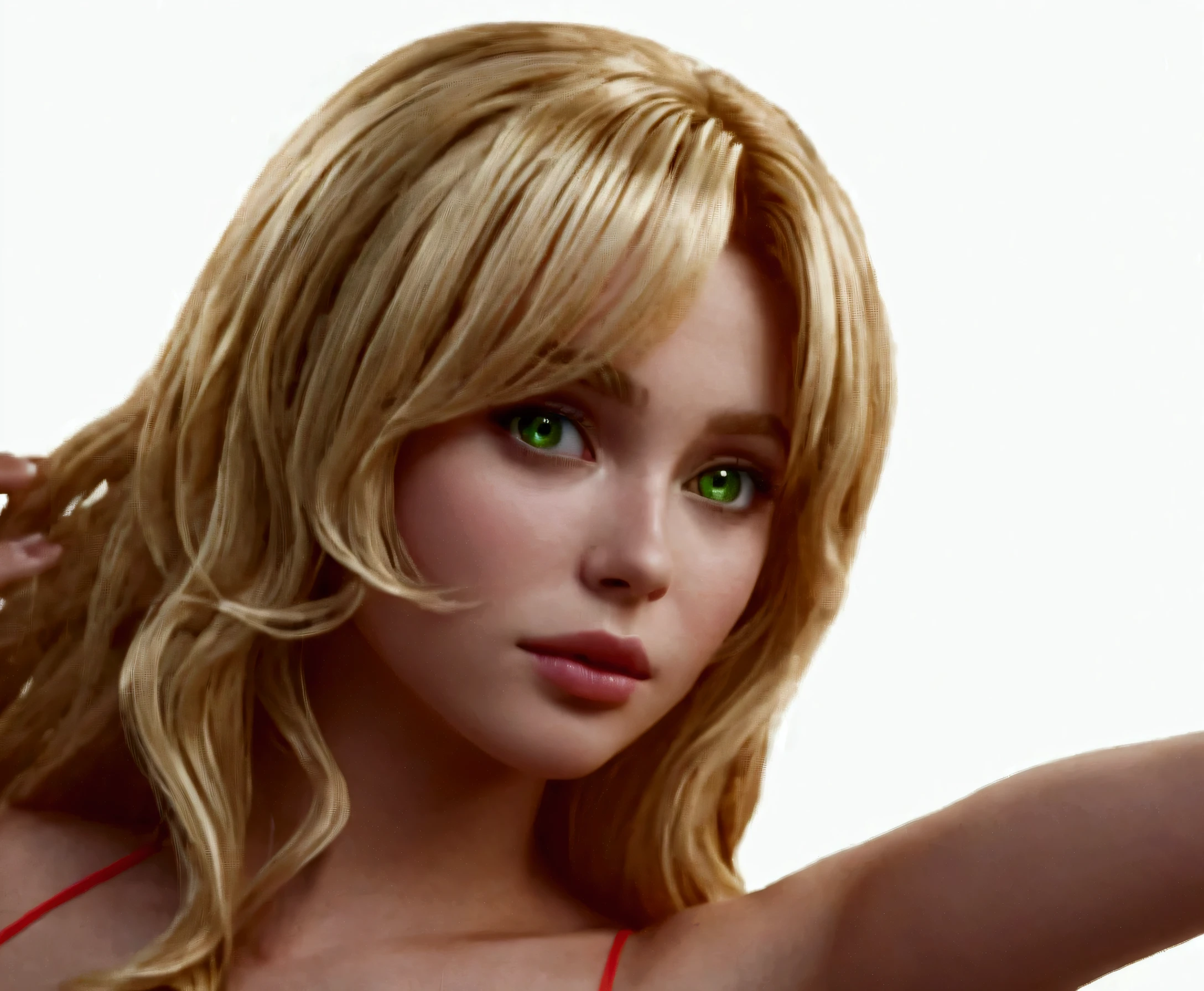 A woman with curly blonde hair,European and American looks，Green pupils，Photorealistic rendering, 3D animation realistic, ue5 render，8K ultra-clear texture