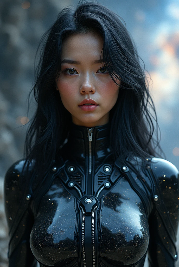 
Galaxy space suit beautiful girl black hair upper body cyber near future