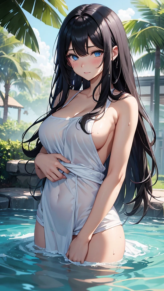 {creation、Highest quality、Clear image}Black Hair、Long Hair、Blue Eyes、Big breasted beauty、A beautiful appearance、Embarrassed face、Wet Hair、Open-air bath、A half-detached towel1Sheet、