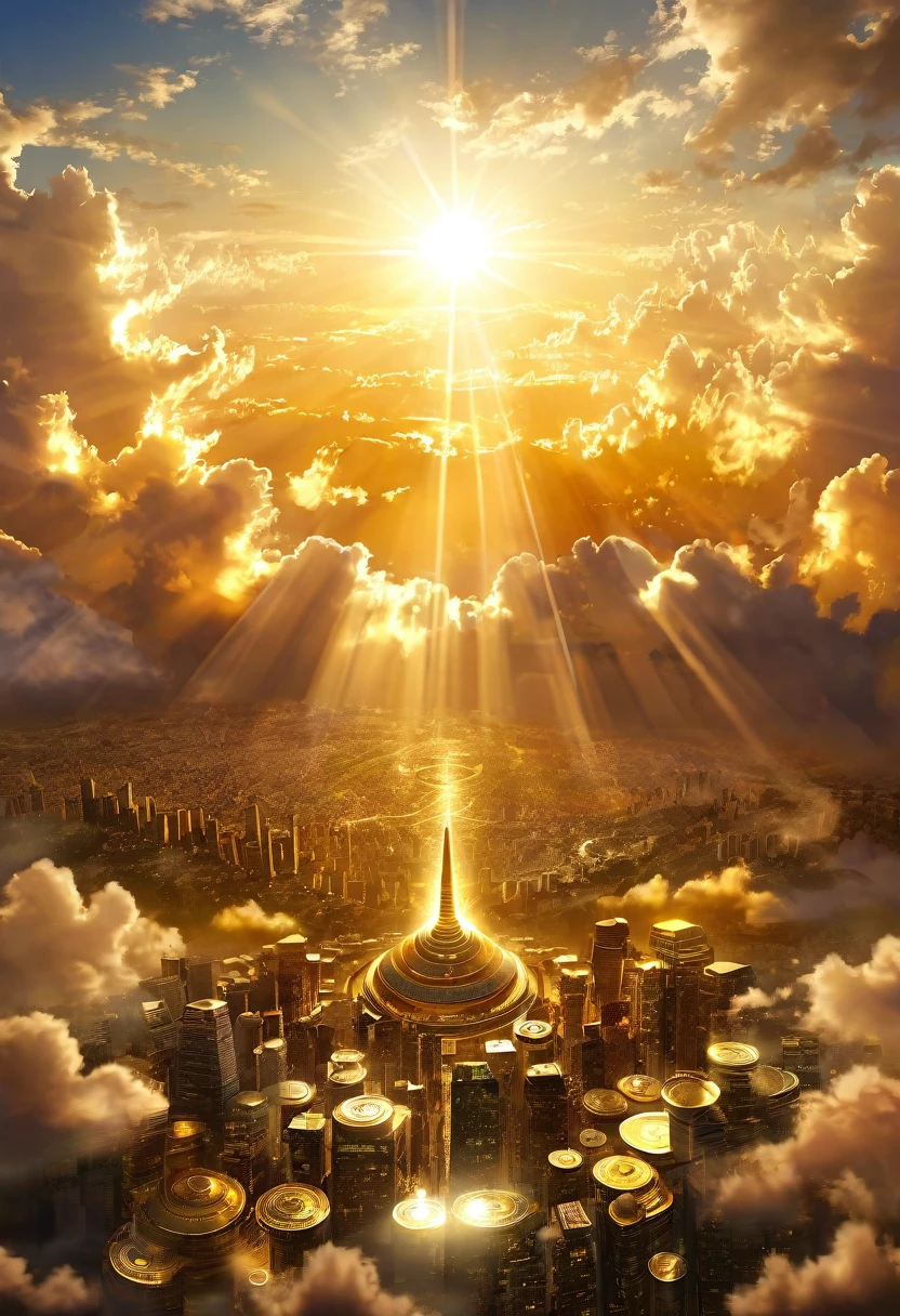 Mysterious city rising into the sky、digital art, The clouds clear and the shining sun appears, On Ascension Day,golden sun、Cities in the sky、god々Utopia of、There is one relic。A world where everything is gold、