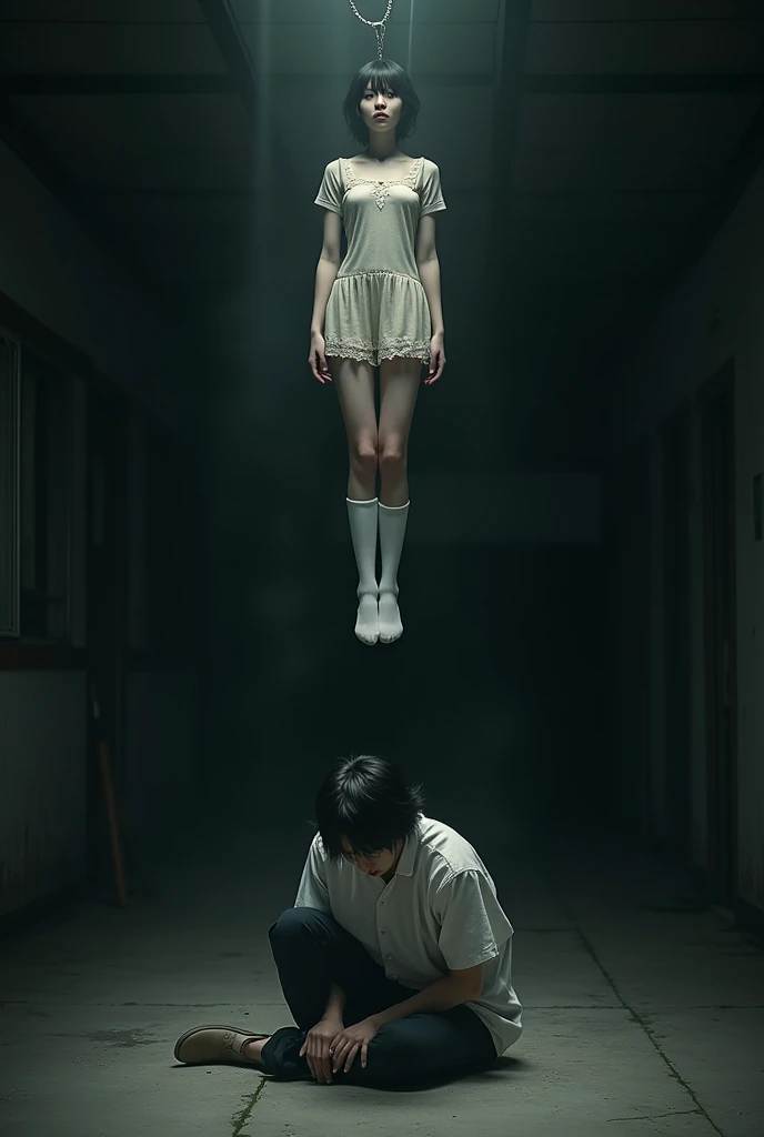 Scene of female student wearing white thigh high socks hanging herself to death ,hovering in the air , a man sitting on the ground in panic