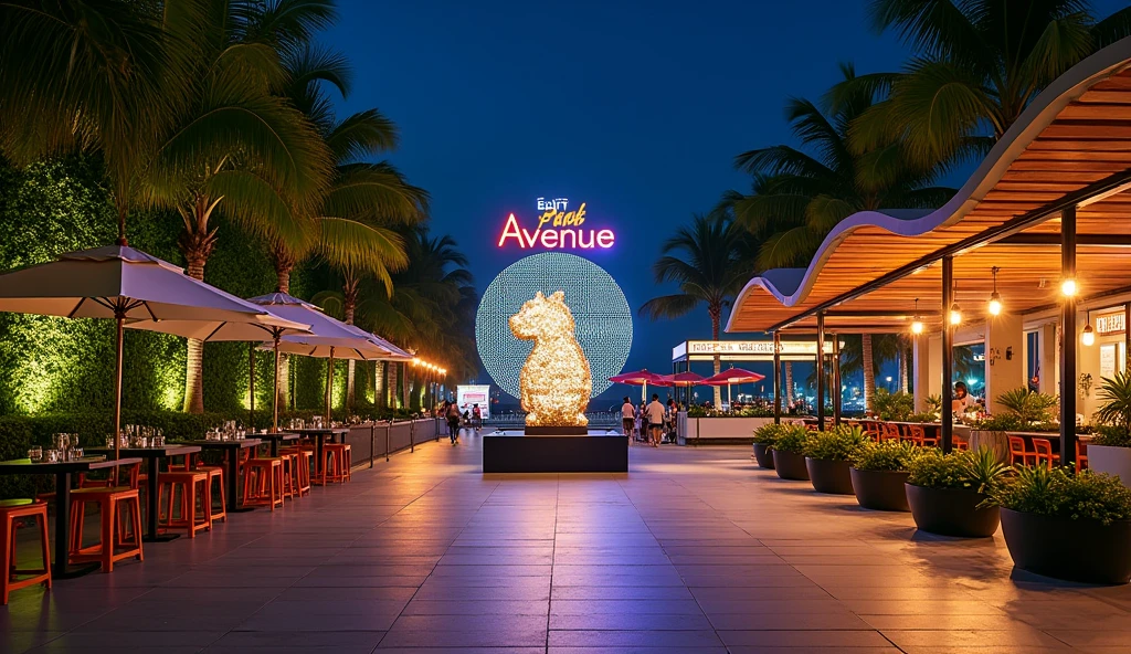 A night photo looking directly from the river into the square with the artwork as the centerpiece of the HCMC riverside park with the words 'Park Avenue Sai Gon', a wide and airy walkway combined with an outdoor dining area with fixed umbrellas, combining tropical greenery as the facade for food kiosks with glowing LED signs, far in the park are the kiosks and cafes with modern prefabricated wooden wave-shaped roofs, a large outdoor seating area with round tables, black stools with orange chairs and lush green plants in black pots along the walkway. Looking out to the Saigon river is a wide and airy outdoor cafe yard