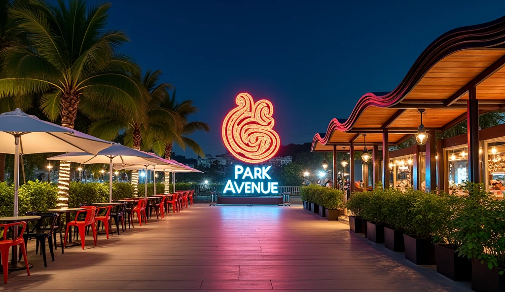 A night photo looking directly from the river into the square with the artwork as the centerpiece of the HCMC riverside park with the words 'Park Avenue Sai Gon', a wide and airy walkway combined with an outdoor dining area with fixed umbrellas, combining tropical greenery as the facade for food kiosks with glowing LED signs, far in the park are the kiosks and cafes with modern prefabricated wooden wave-shaped roofs, a large outdoor seating area with round tables, black stools with orange chairs and lush green plants in black pots along the walkway. Looking out to the Saigon river is a wide and airy outdoor cafe yard