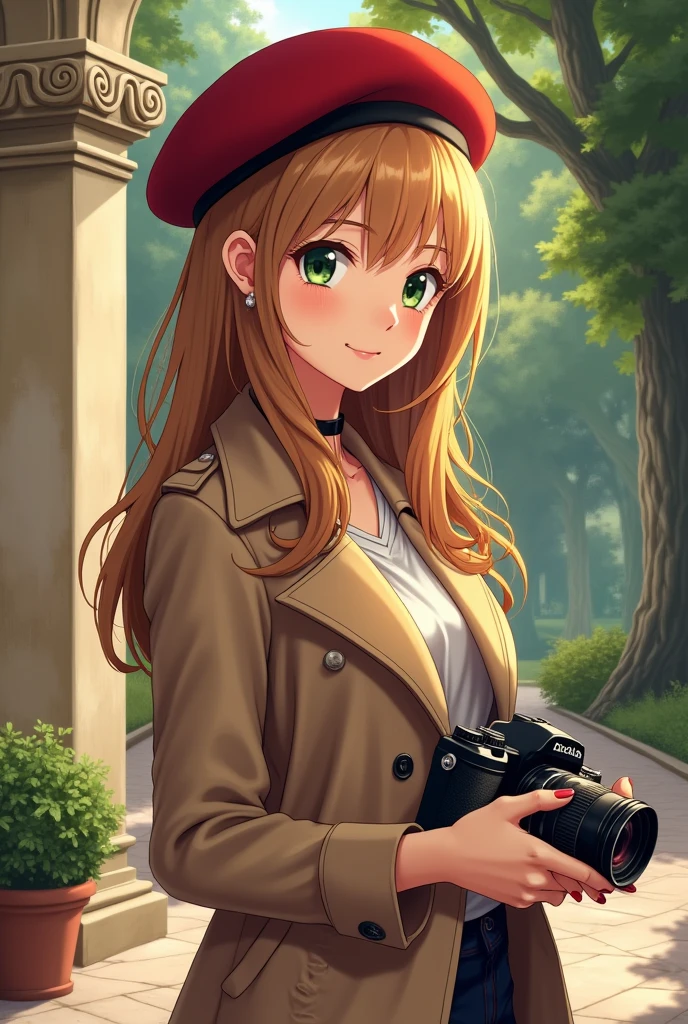 anime girl，university student，Big breasts，Green eyes，Smile，golden brown hair，Holding an elegant Leica camera，red painter beret，Beautiful works of art，Anime style 4K，Art wallpaper 4k，italian manor，Brown trench coat