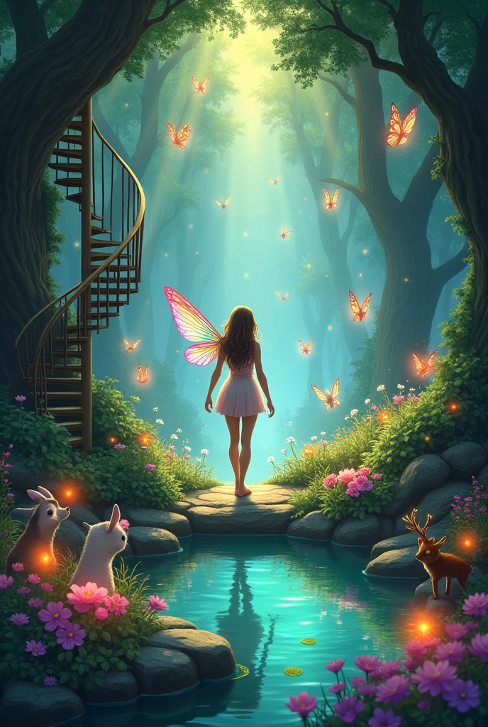 Magical Grove with Fairies:**
   - Amara emerging from the spiral staircase into a magical grove. The grove is filled with tiny, floating lights, resembling fireflies, and the air sparkles with a soft, otherworldly glow. In the center is a crystal-clear pond surrounded by vibrant flowers. Fairies with shimmering, rainbow-colored wings and gentle woodland animals are gathered around, welcoming Amara with cheerful smiles.